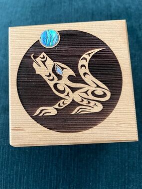 Wooden Box with Inlaid Abalone Frog Design - Natural & Iridescent Blue